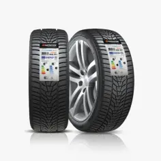 Dwa zimowe opony marki Hankook z etykietami energetycznymi.