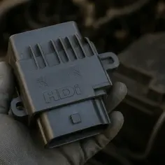 Ręka w rękawiczce trzyma moduł sterujący silnika HDI, potencjalnie związany z błędem dtc p1351 peugeot.