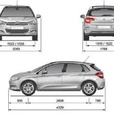 Schemat Citroen C4 z wymiarami: wysokość 1504 mm, szerokość przód 2050 mm, tył 1789 mm, długość 4329 mm.