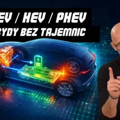 Wyjaśnienie działania hybryd HEV, PHEV i MHEV. Ilustracja pokazuje schemat samochodu hybrydowego z widocznym silnikiem i baterią.