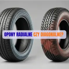 Dwa rodzaje opon: po lewej opony radialne z niebieską siatką, po prawej diagonalne z czerwoną.