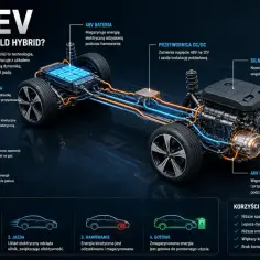 Ilustracja pokazuje, jak działa hybryda MHEV: silnik elektryczny wspiera spalinowy, odzyskuje energię podczas hamowania, co daje lepszą dynamikę i niższe spalanie.