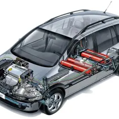 Opel Zafira zasilany CNG. Widok przekroju pokazuje silnik i czerwone butle z gazem ziemnym.