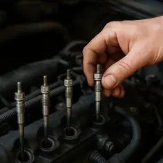 Dłoń mechanika sprawdza świece żarowe w silniku diesla. To kluczowy element, by wiedzieć, jak sprawdzić świece żarowe.