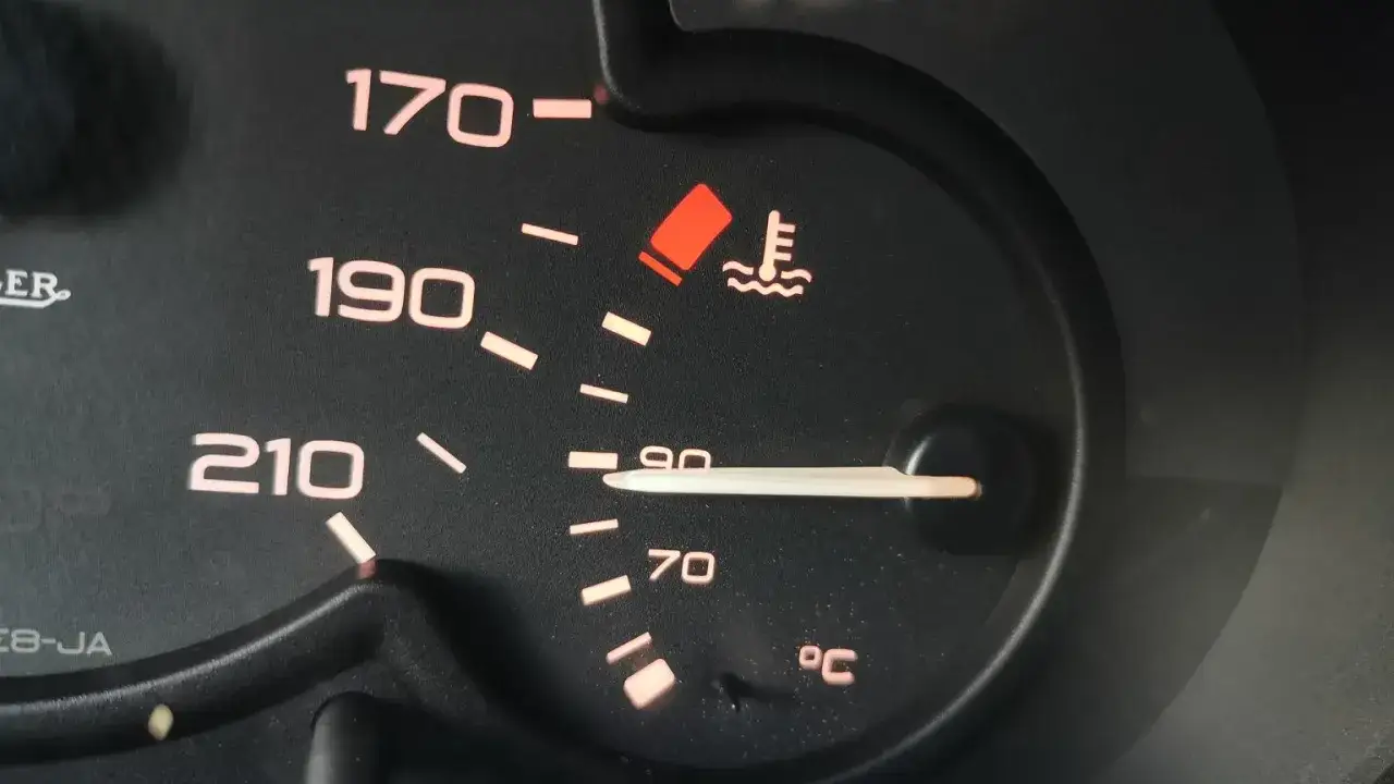 Wskaźnik pokazuje, że temperatura oleju w silniku jest bliska 90°C. Czerwona kontrolka ostrzega przed przegrzaniem.