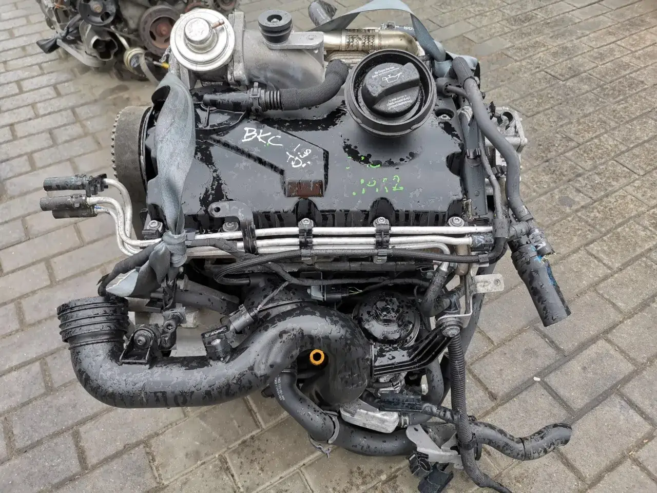 Silnik 1.9 TDI, kod BKC, z widocznymi przewodami i elementami osprzętu. Gotowy do montażu.