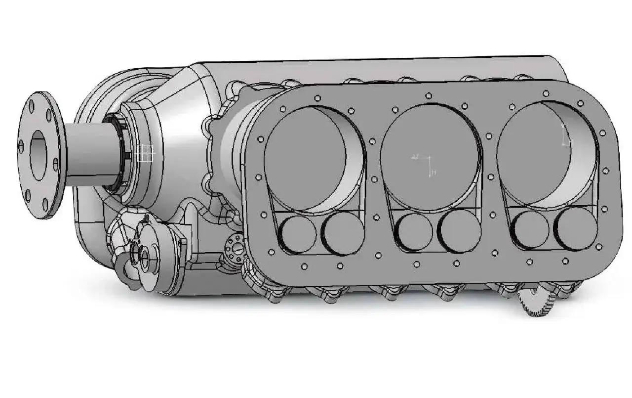 Model silnika dolnozaworowego z turbosprężarką, widoczne cylindry i elementy układu dolotowego.