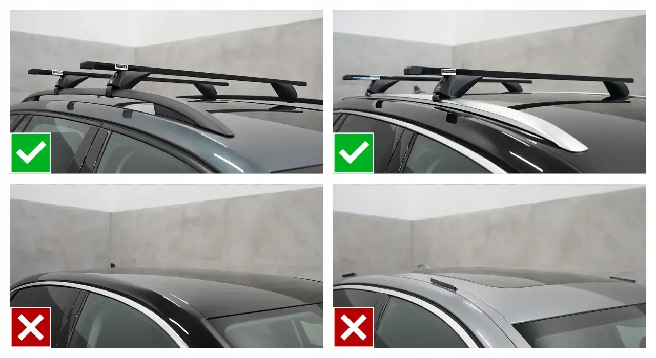 Bagażnik dachowy do Hyundai ix35 2.0 benzyna. Pokazano prawidłowy montaż na relingach (zielony znaczek) i nieprawidłowy (czerwony znaczek).