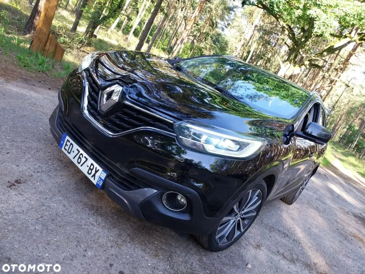 Czarny Renault Kadjar na leśnej drodze. Choć auto prezentuje się elegancko, warto pamiętać o jego potencjalnych wadach, np. awaryjności niektórych podzespołów.