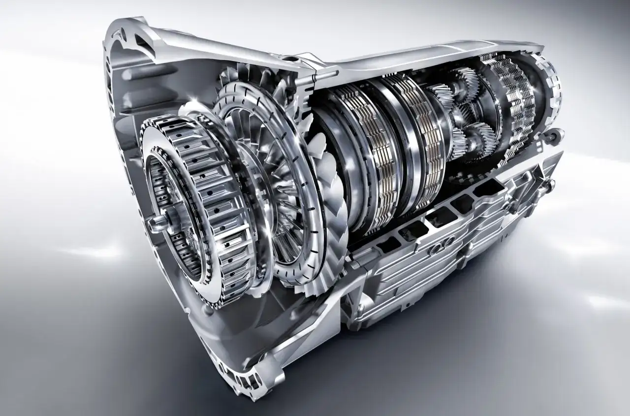 Przekładnia 7G-Tronic w przekroju, ukazująca złożony mechanizm zębatek i sprzęgieł.