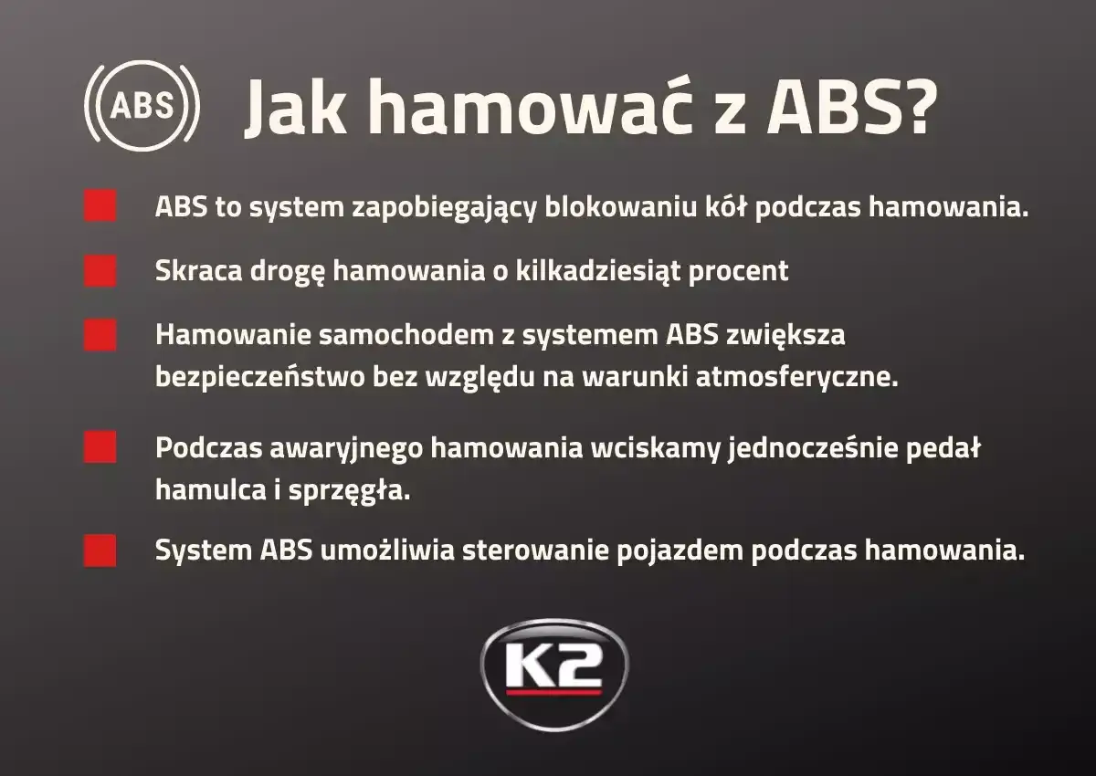 Jak hamować z ABS? System zapobiega blokowaniu kół, skraca drogę hamowania i zwiększa bezpieczeństwo. Podczas awaryjnego hamowania wciskamy pedał hamulca i sprzęgła.